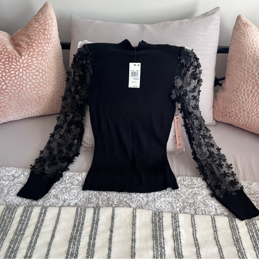 Black Crew Neck Long Sleeve Embellished Blouse